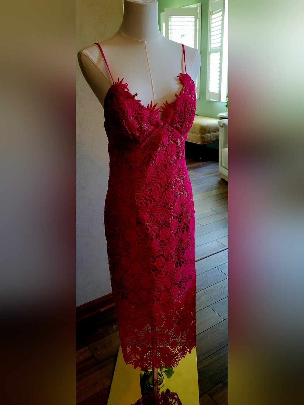 Fushia Bardot Floral Lace Bodycon Dress - Women's Dress